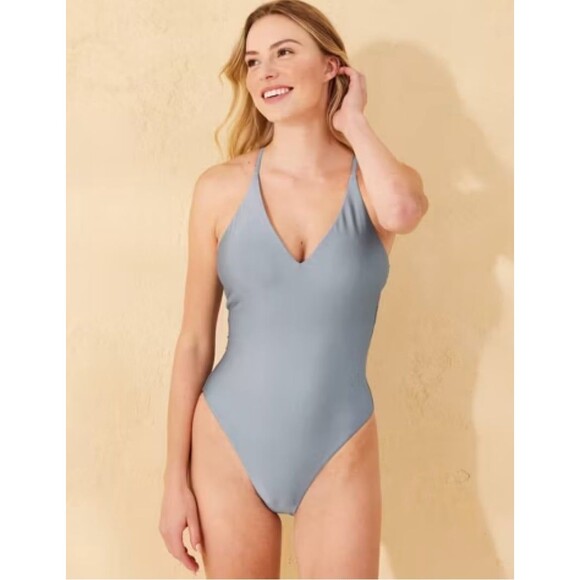NWT Shade & Shore Metallic Blue plunge High Leg Cheeky One Piece Swimsuit - Picture 1 of 3